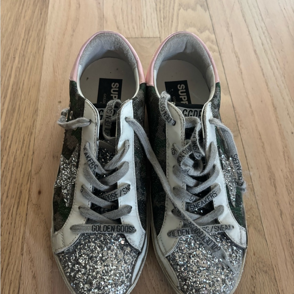 Golden Goose Silver and White Sparkle Sneakers